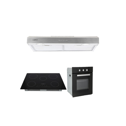 Campana de cocina de pared acero inoxidable 75cm Thory + Parrilla eléctrica de inducción 5 quemadores 75cm Kelvin + Horno eléctrico empotrable 60cm E-MotrixC