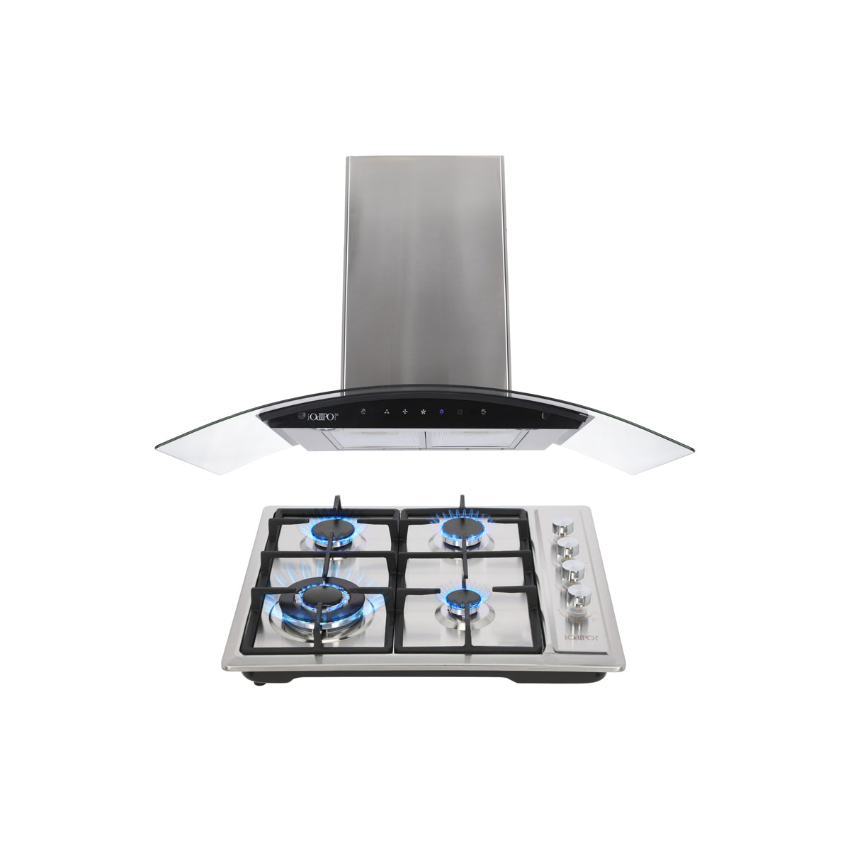 Campana de cocina de pared digital cristal curvo 85cm Matrix + Parrilla de gas 4 quemadores acero inoxidable 60cm Vulcano