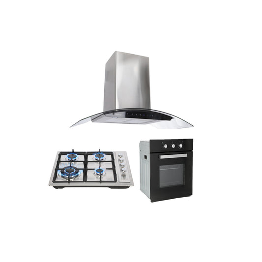 Campana de cocina de pared digital cristal curvo 85cm Matrix + Parrilla de gas 4 quemadores acero inoxidable 60cm Vulcano + Horno de gas empotrable encendido electrico 65L 60cm Motrix