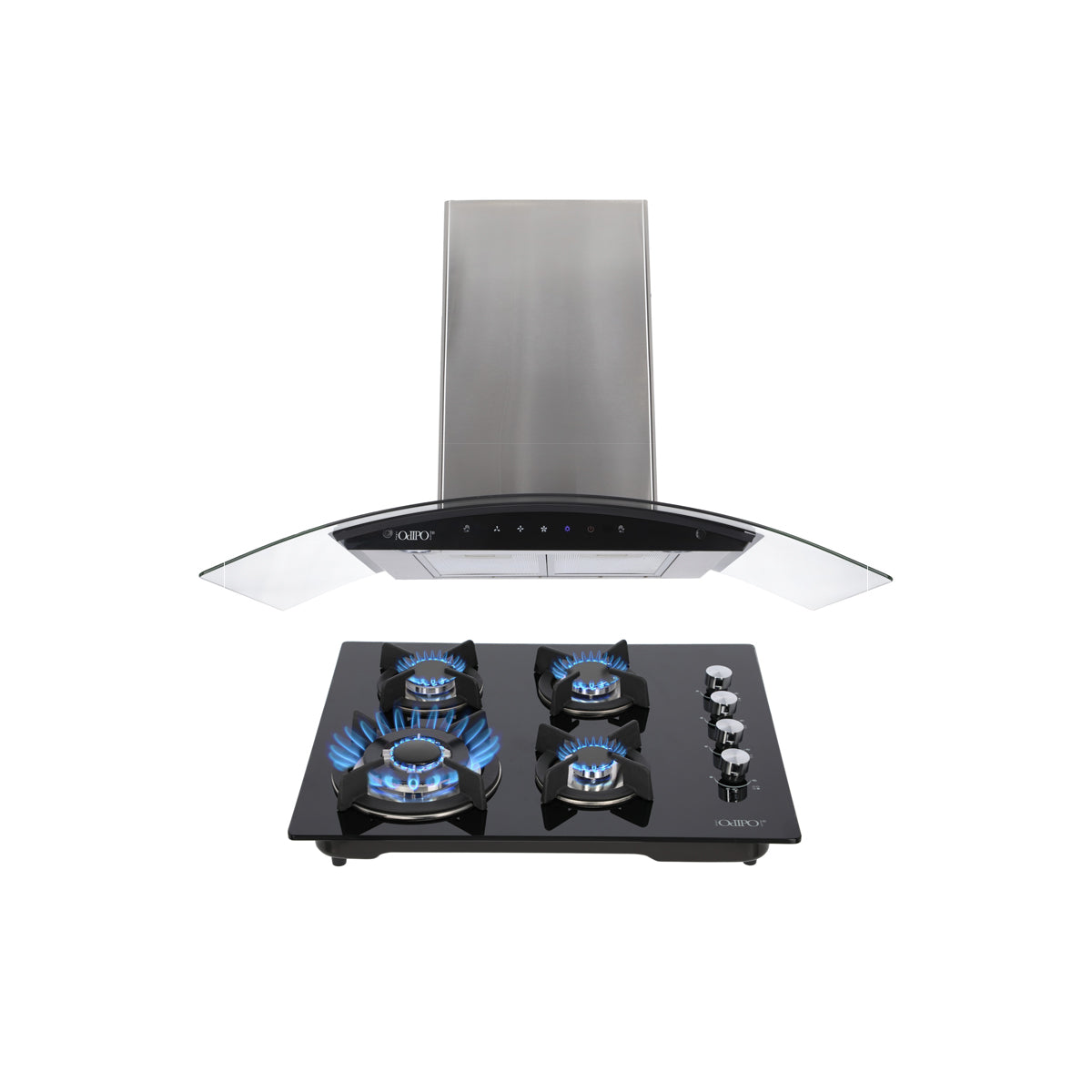 Campana de cocina de pared digital cristal curvo 85cm Matrix + Parrilla de gas 4 quemadores cristal 60cm Clio