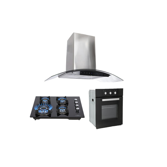 Campana de cocina de pared digital cristal curvo 85cm Matrix + Parrilla de gas 4 quemadores cristal 60cm Clio + Horno de gas empotrable encendido electrico 65L 60cm Motrix