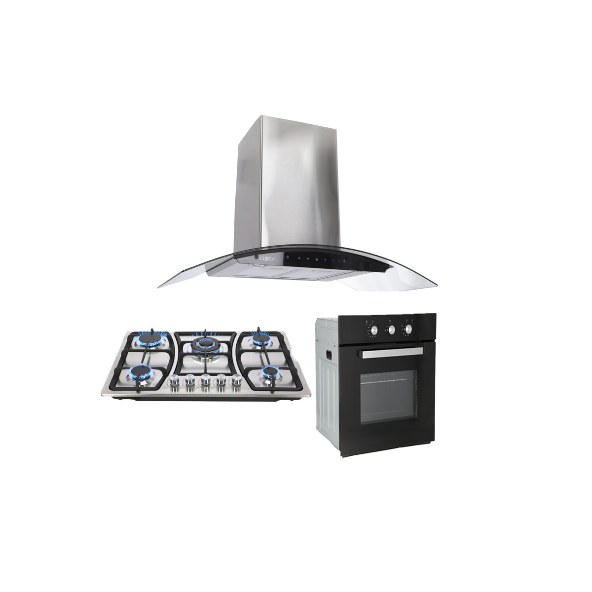 Campana de cocina de pared digital cristal curvo 85cm Matrix + Parrilla de gas 5 quemadores acero inoxidable 76cm Vignus + Horno de gas empotrable encendido electrico 65L 60cm Motrix