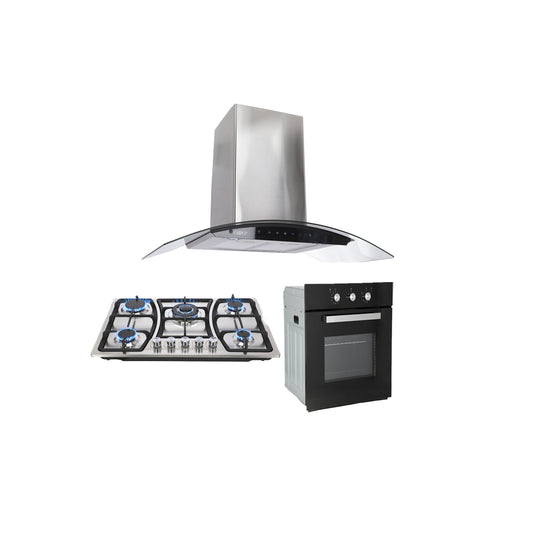Campana de cocina de pared digital cristal curvo 85cm Matrix + Parrilla de gas 5 quemadores acero inoxidable 76cm Vignus + Horno de gas empotrable encendido electrico 65L 60cm Motrix