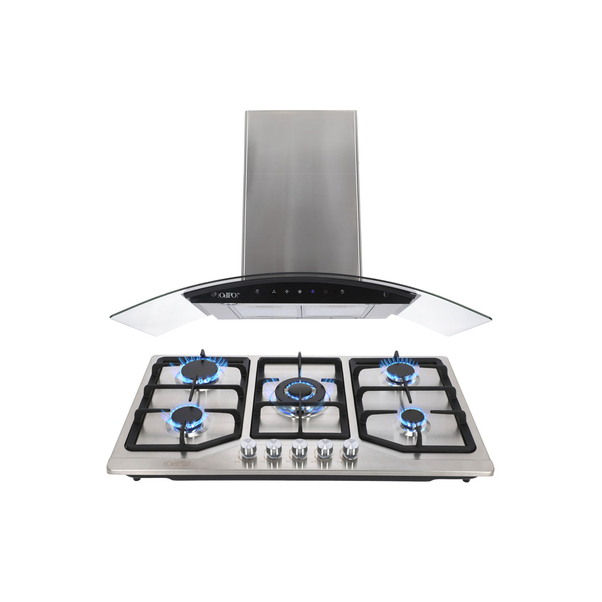 Campana de cocina de pared digital cristal curvo 85cm Matrix + Parrilla de gas 5 quemadores acero inoxidable 86cm Vesta