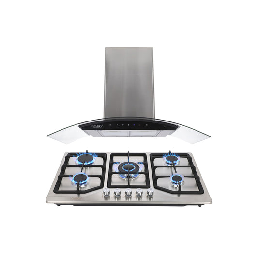 Campana de cocina de pared digital cristal curvo 85cm Matrix + Parrilla de gas 5 quemadores acero inoxidable 86cm Vesta
