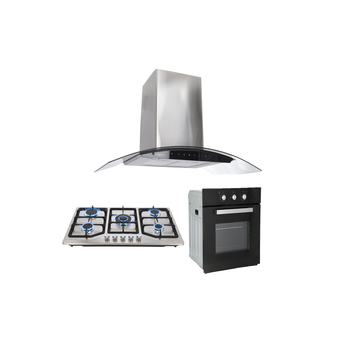 Campana de cocina de pared digital cristal curvo 85cm Matrix + Parrilla de gas 5 quemadores acero inoxidable 86cm Vesta + Horno de gas empotrable encendido electrico 65L 60cm Motrix