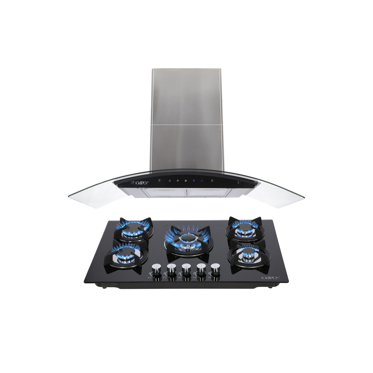 Campana de cocina de pared digital cristal curvo 85cm Matrix + Parrilla de gas 5 quemadores cristal 76cm Capella