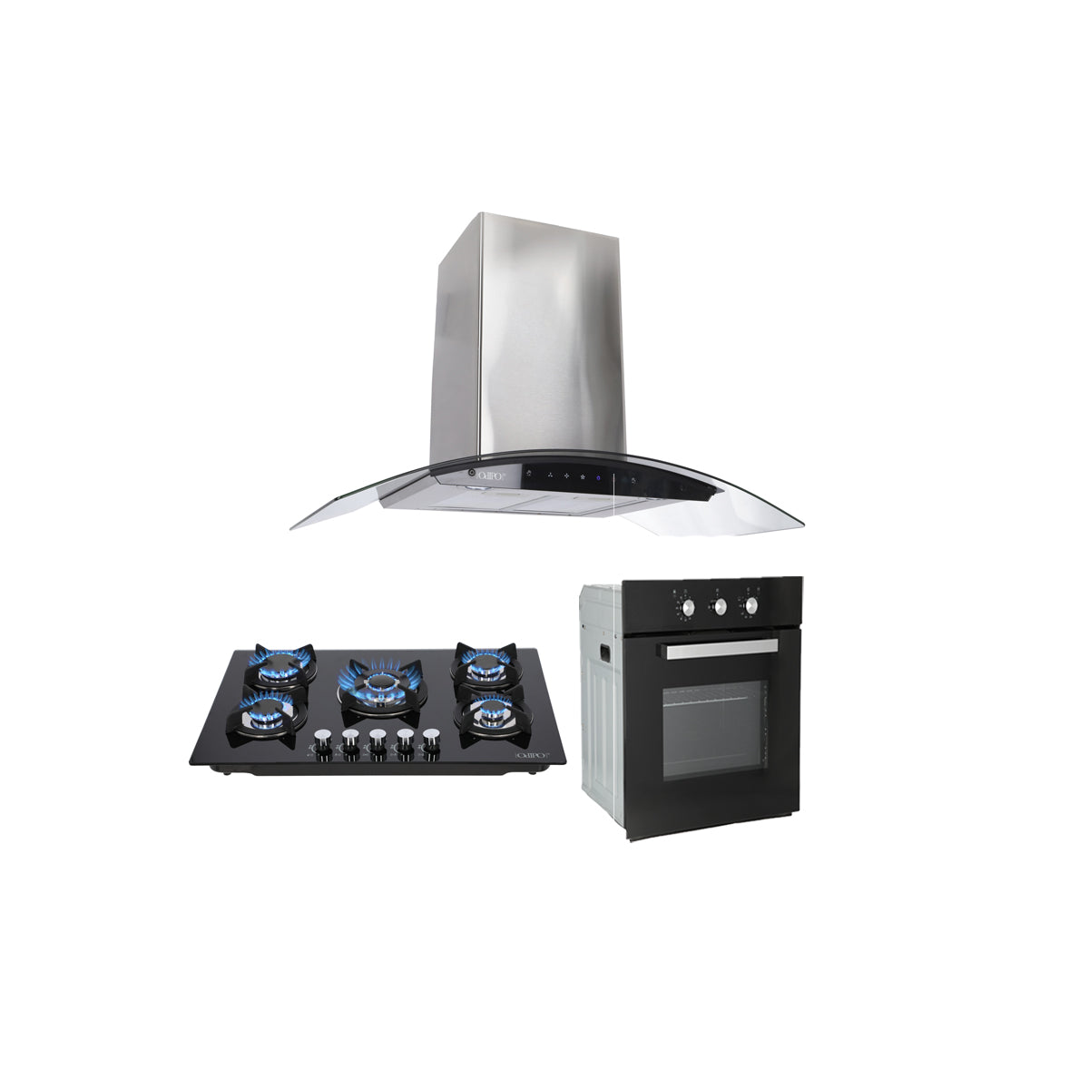 Campana de cocina de pared digital cristal curvo 85cm Matrix + Parrilla de gas 5 quemadores cristal 76cm Capella + Horno de gas empotrable encendido electrico 65L 60cm Motrix