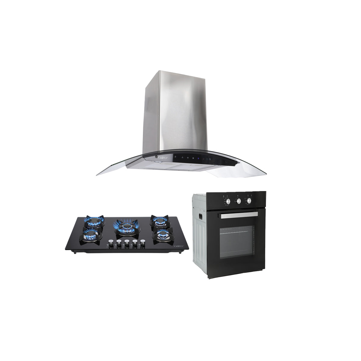 Campana de cocina de pared digital cristal curvo 85cm Matrix + Parrilla de gas 5 quemadores cristal 86cm Ceres + Horno de gas empotrable encendido electrico 65L 60cm Motrix