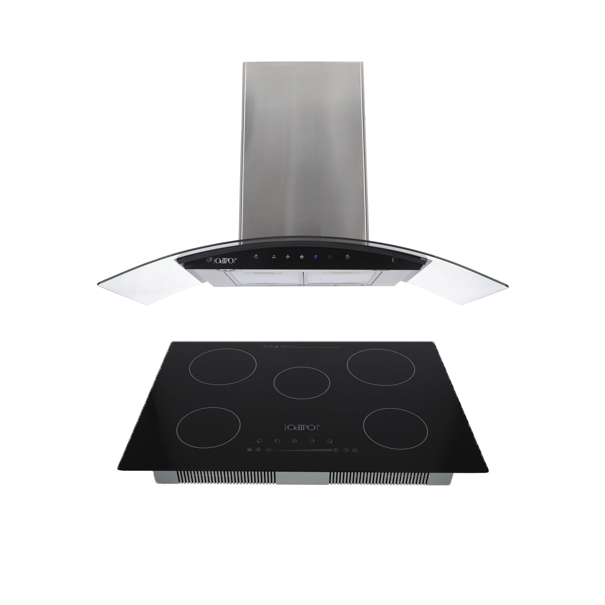 Campana para cocina de pared cristal curvo de acero inoxidable 85cm Matrix + Parrilla electrica de inducción 5 quemadores 75cm kelvin