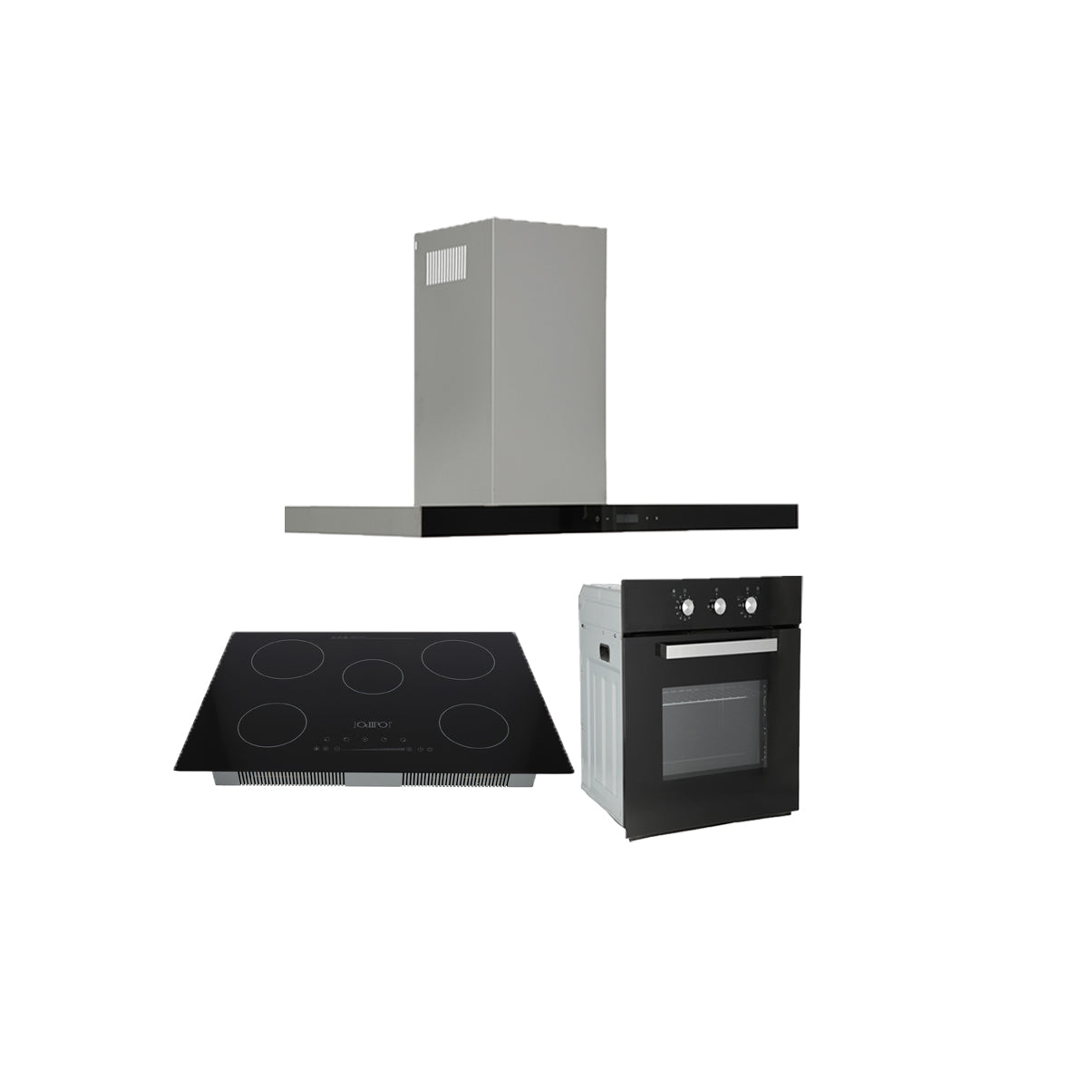Campana de cocina de pared tipo T acero inoxidable 90cm Temax + Parrilla electrica de inducción 5 quemadores 75cm Kelvin + Horno eléctrico empotrable 60cm E-Motrix de cristal