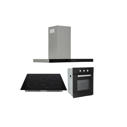 Campana de cocina de pared tipo T acero inoxidable 90cm Temax + Parrilla electrica de inducción 5 quemadores 75cm Kelvin + Horno eléctrico empotrable 60cm E-Motrix de cristal