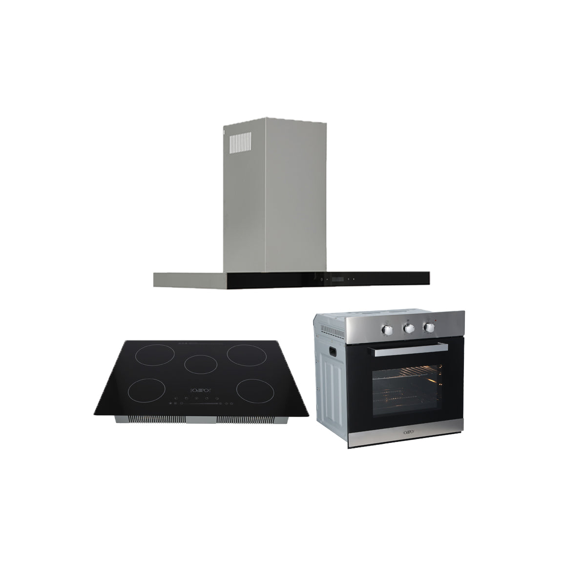 Campana de cocina de pared tipo T de acero inoxidable 90cm Temax + Parrilla eléctrica de inducción 5 quemadores 75cm Kelvin + Horno eléctrico empotrable de acero 127V E-MOTRIX