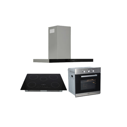 Campana de cocina de pared tipo T de acero inoxidable 90cm Temax + Parrilla eléctrica de inducción 5 quemadores 75cm Kelvin + Horno eléctrico empotrable de acero 127V E-MOTRIX
