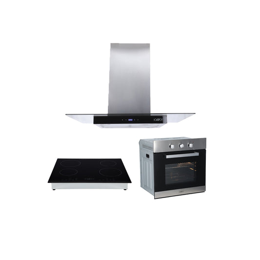 Campana de cocina de isla cristal templado recto 90cm Fordex + Parrilla eléctrico de inducción 4 quemadores Kepler + Horno eléctrico empotrable de acero 60L E-MOTRIXA