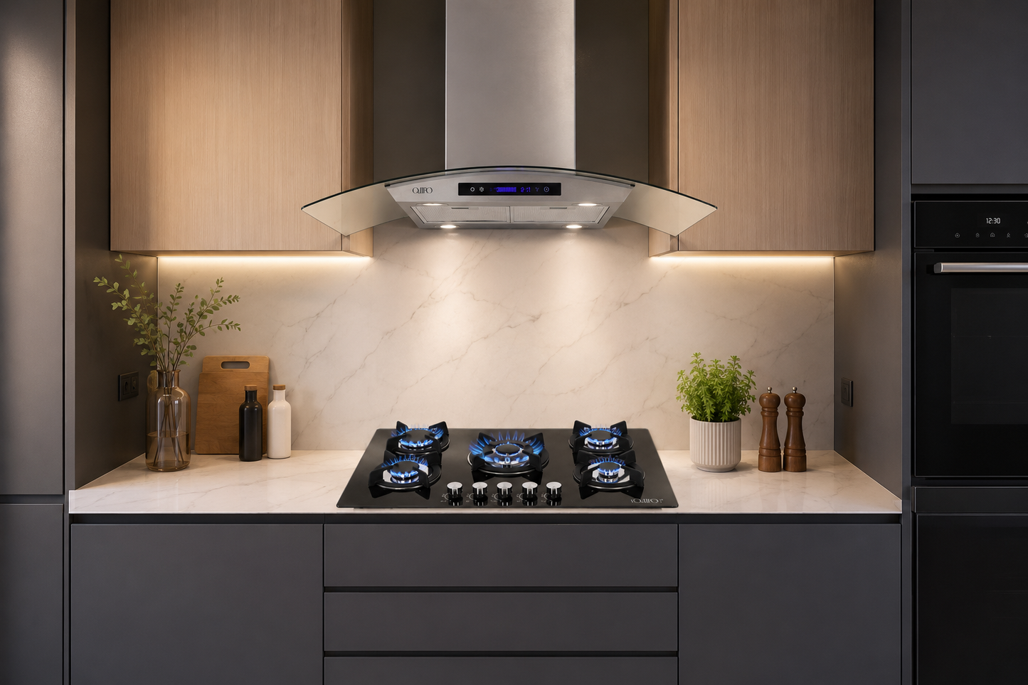 Campana de cocina de isla digital cristal curvo 90cm Ventex + Parrilla de gas 5 quemadores cristal 76cm Capella