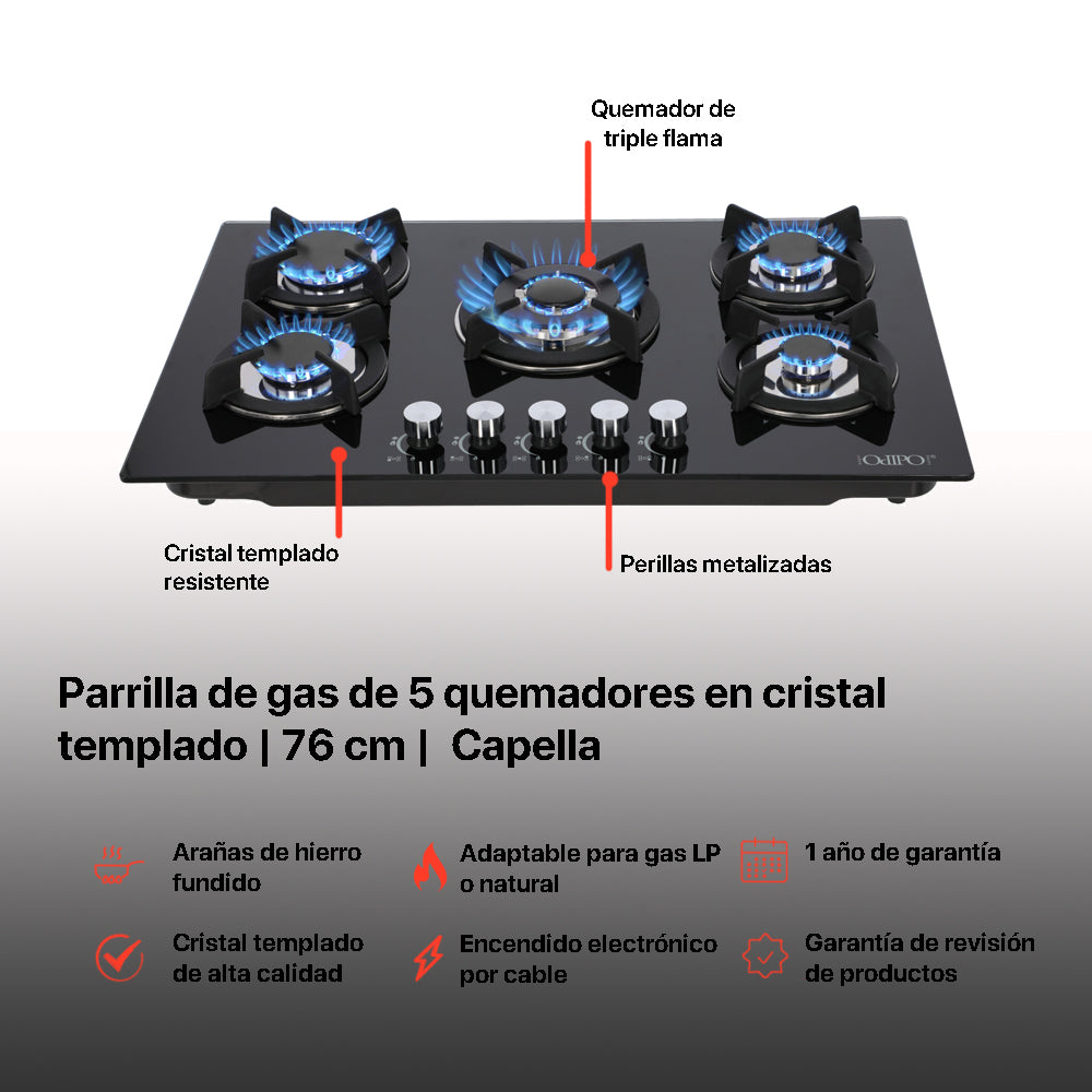 Campana de cocina de pared digital cristal curvo 85cm Matrix + Parrilla de gas 5 quemadores cristal 76cm Capella + Horno de gas empotrable encendido electrico 65L 60cm Motrix