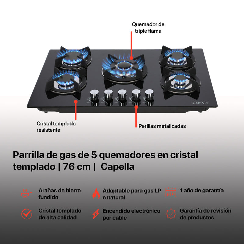 Campana extractora de acero inoxidable 90cm Mantix + Parrilla cristal templado 76cm Capella + Horno de gas encendido eléctrico empotrable 60cm Motrix