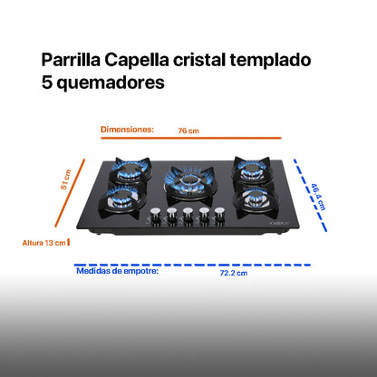 Campana de cocina de isla digital cristal curvo 90cm Ventex + Parrilla de gas 5 quemadores cristal 76cm Capella