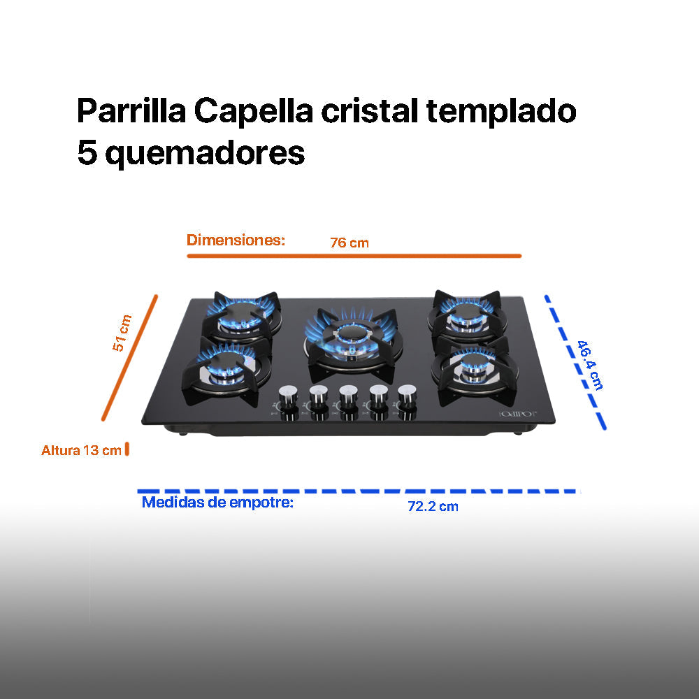 Campana de cocina de isla digital cristal recto 90cm Fordex + Parrilla de gas 5 quemadores cristal 76cm Capella