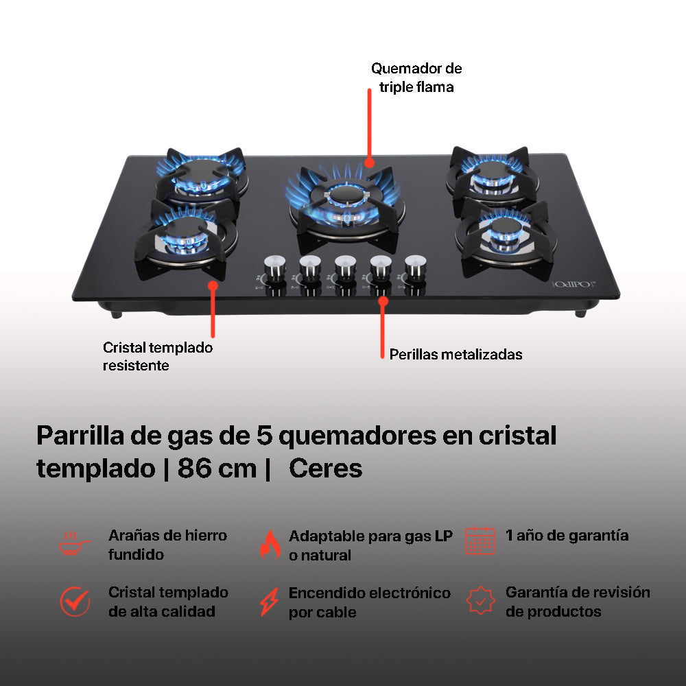 Campana de cocina de isla digital cristal recto 90cm Fordex + Parrilla de gas 5 quemadores cristal 86cm Ceres