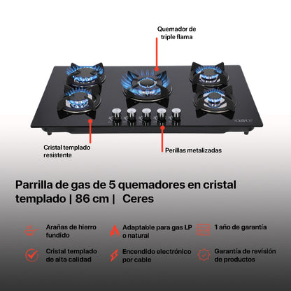 Campana de cocina de isla digital cristal recto 90cm Fordex + Parrilla de gas 5 quemadores cristal 86cm Ceres