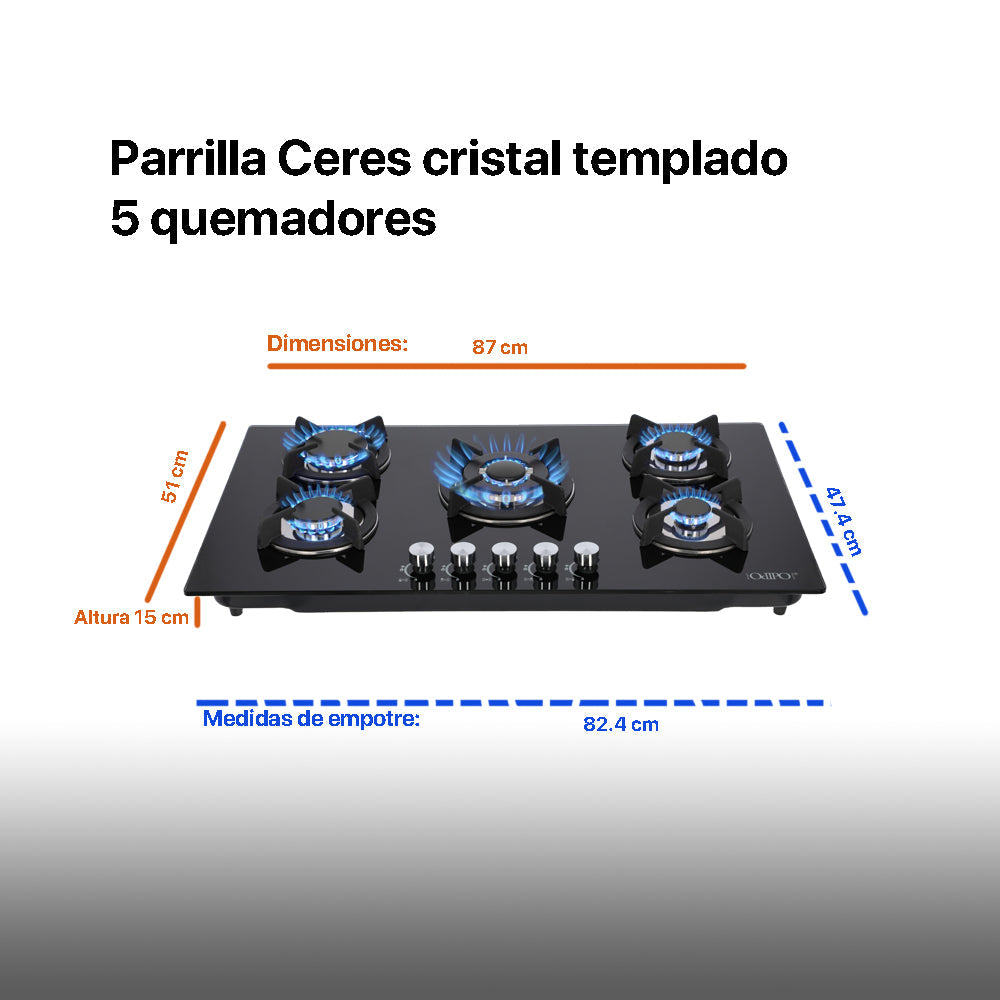 Campana de cocina de isla digital cristal recto 90cm Fordex + Parrilla de gas 5 quemadores cristal 86cm Ceres