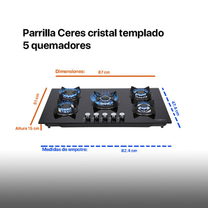 Campana de cocina de isla digital cristal recto 90cm Fordex + Parrilla de gas 5 quemadores cristal 86cm Ceres
