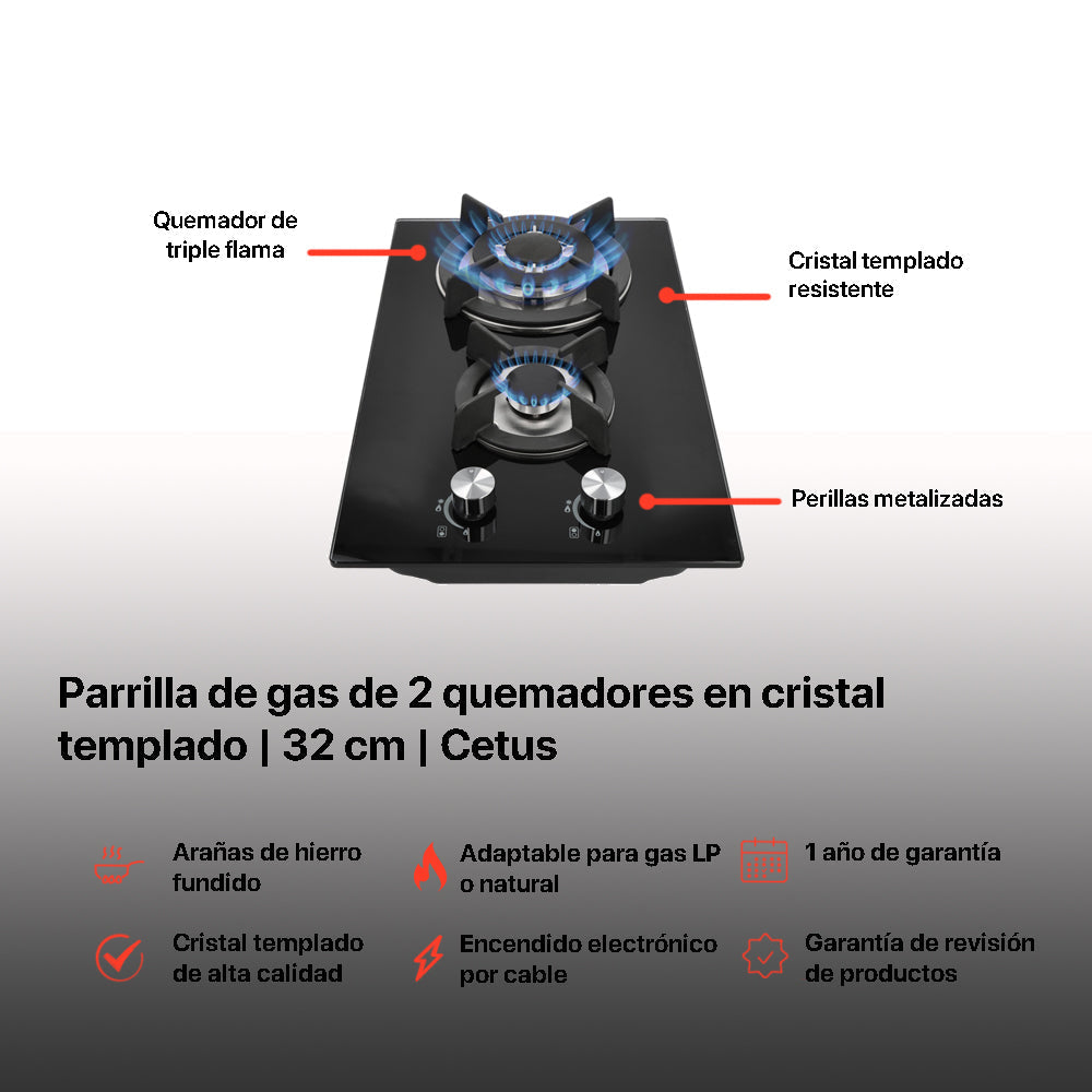 Campana de cocina acero inoxidable 50cm Thory + Parrilla de gas 2 quemadores cristal 32cm Cetus