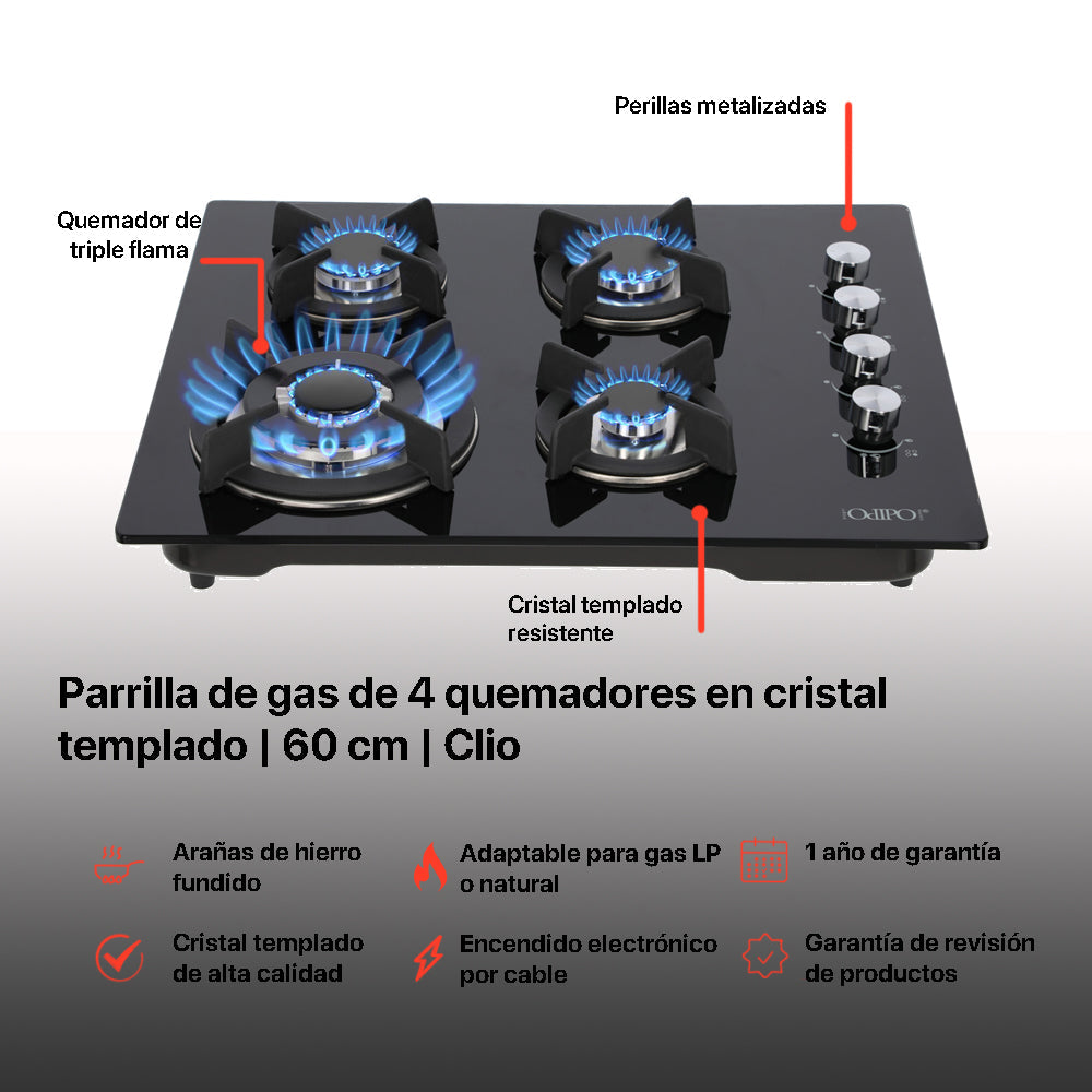 Campana de cocina de pared cristal curvo 60cm Marex + Parrilla de gas 4 quemadores cristal 60cm Clio