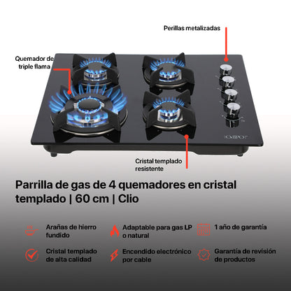 Campana de cocina de pared cristal curvo 60cm Marex + Parrilla de gas 4 quemadores cristal 60cm Clio