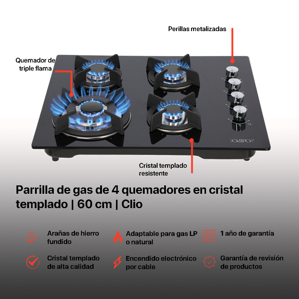Campana de cocina acero inoxidable 60cm Thory + Parrilla de gas 4 quemadores cristal 60cm Clio