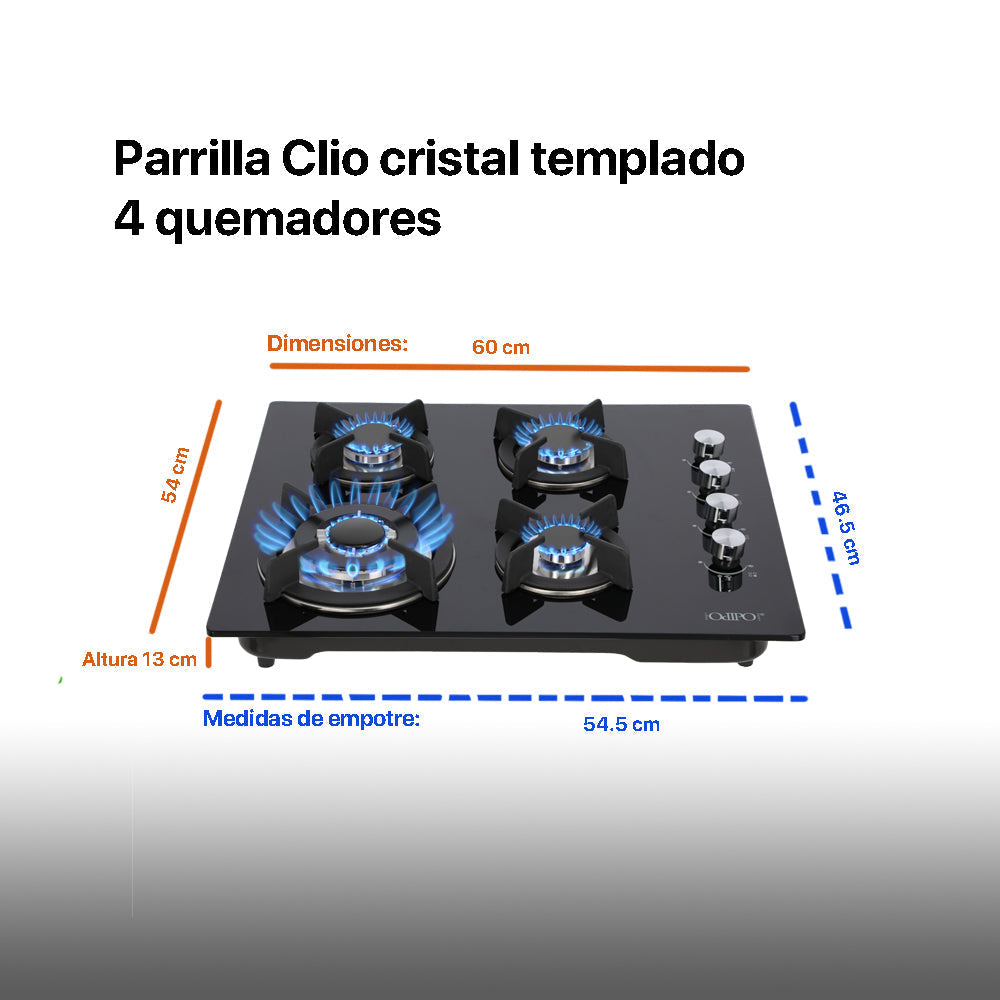 Campana de cocina acero inoxidable 60cm Thory + Parrilla de gas 4 quemadores cristal 60cm Clio