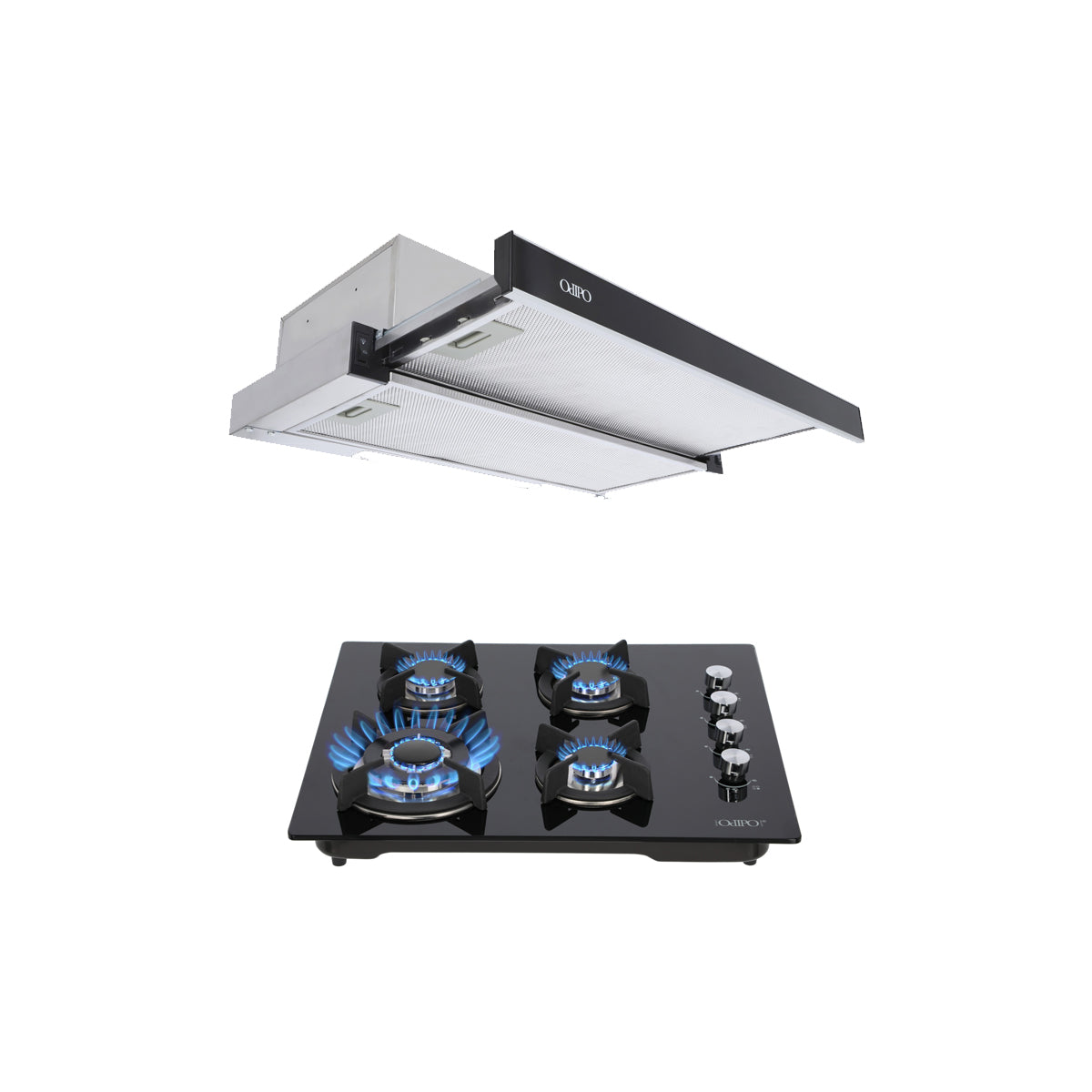 Campana de cocina extraible 60cm Flexus + Parrilla de gas 4 quemadores cristal 60cm Clio