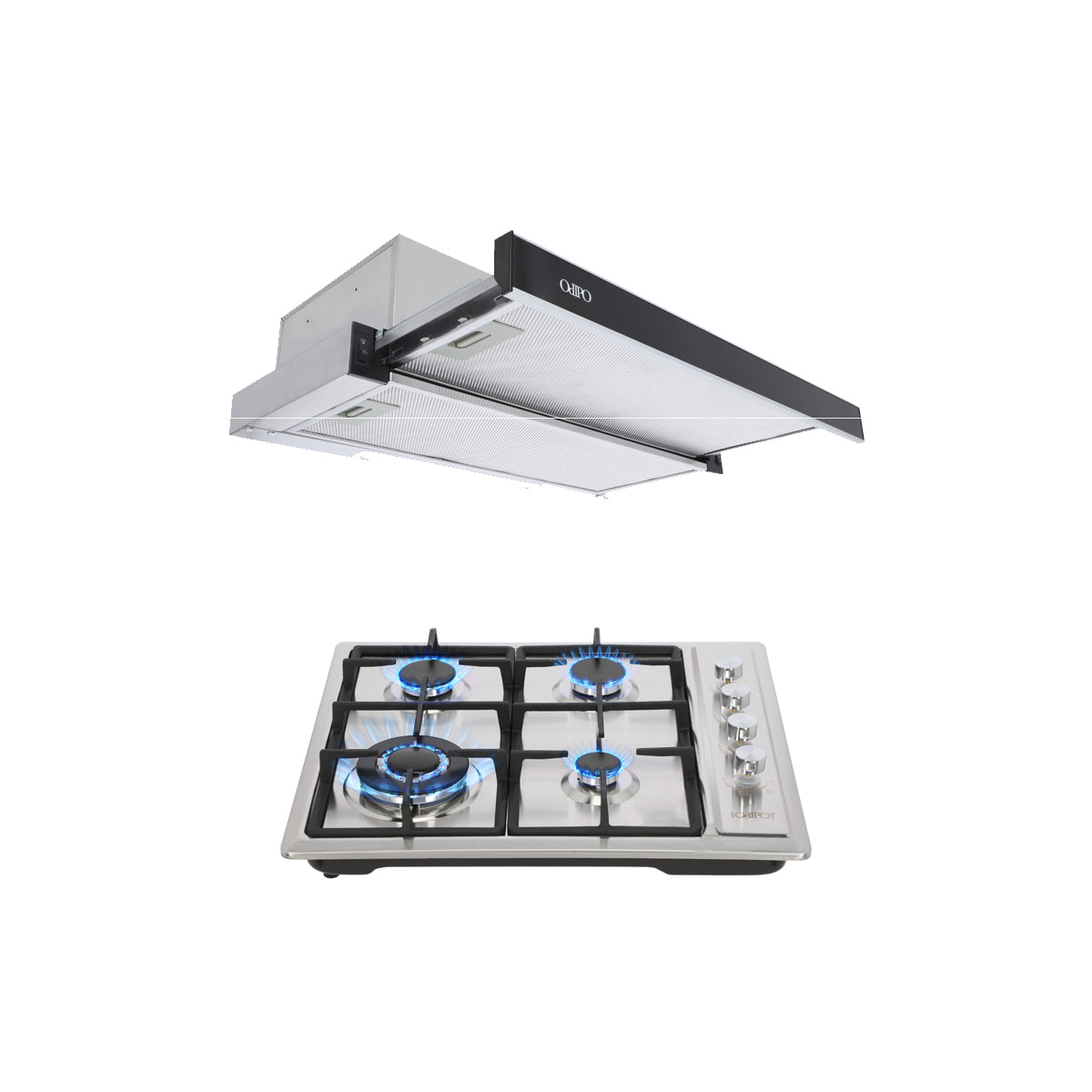 Campana de cocina extraible 60cm Flexus + Parrilla de gas 4 quemadores acero inoxidable 60cm Vulcano