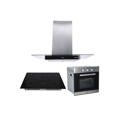Campana de cocina de isla cristal templado recto 90cm Fordex + Parrilla electrica de inducción 5 quemadores Kelvin + Horno eléctrico empotrable de acero 127V E-MOTRIX