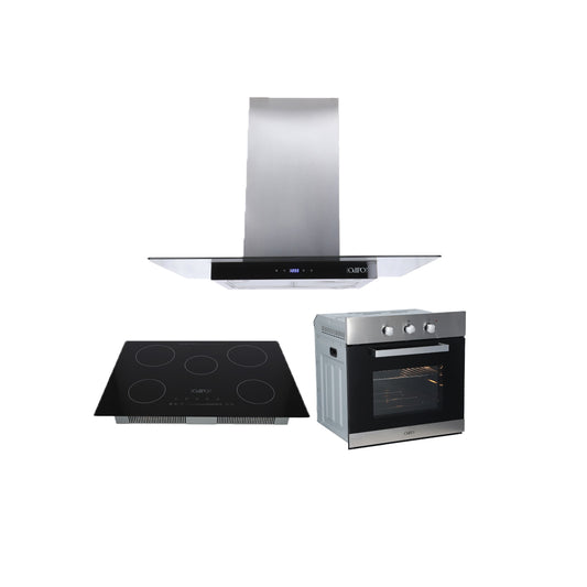 Campana de cocina de isla cristal templado recto 90cm Fordex + Parrilla electrica de inducción 5 quemadores Kelvin + Horno eléctrico empotrable de acero 127V E-MOTRIX