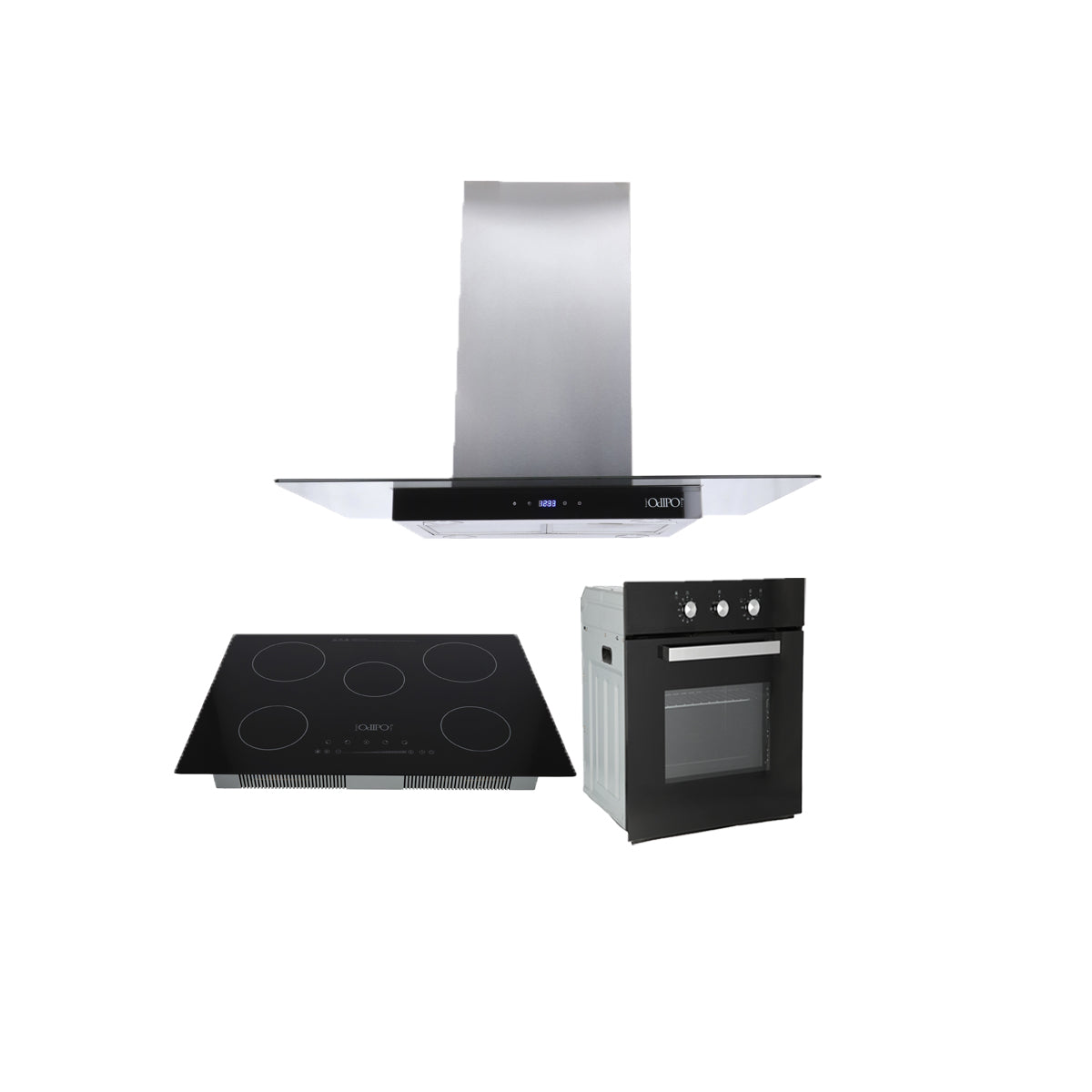 Campana de cocina de isla cristal recto digital 90cm Fordex + Parrilla eléctrica de inducción 5 quemadores Kelvin + Horno eléctrico empotrable eMotrixC