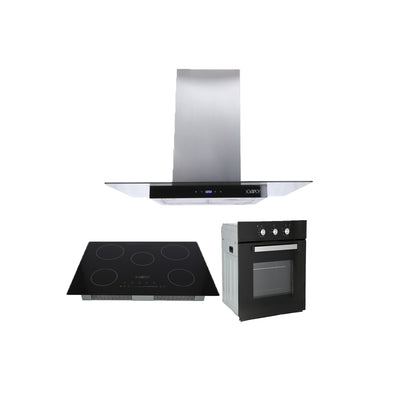 Campana de cocina de isla cristal recto digital 90cm Fordex + Parrilla eléctrica de inducción 5 quemadores Kelvin + Horno eléctrico empotrable eMotrixC