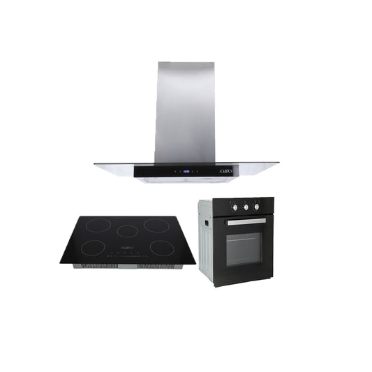 Campana de cocina de isla cristal recto digital 90cm Fordex + Parrilla eléctrica de inducción 5 quemadores Kelvin + Horno eléctrico empotrable eMotrixC