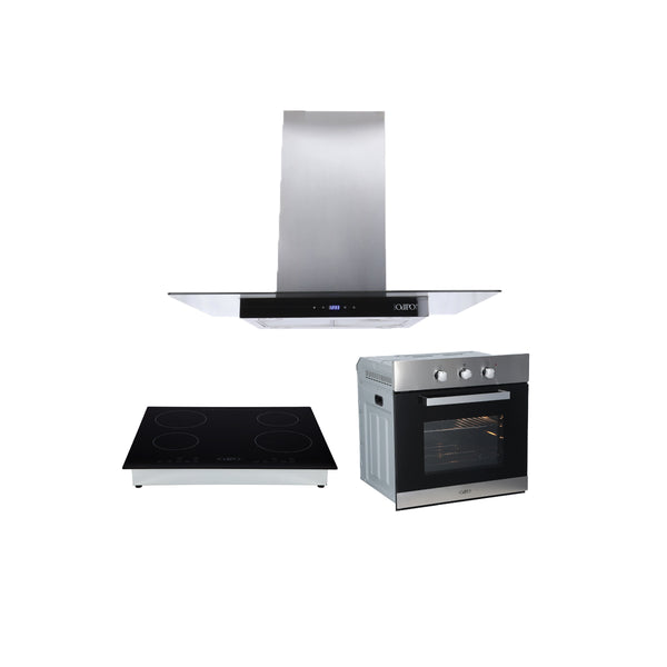 Campana extractora de isla cristal templado recto Fordex + Parrilla de inducción magnética Kepler + Horno eléctrico empotrable de acero 127V E-MOTRIX