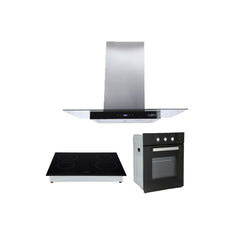 Campana extractora de isla cristal templado recto Fordex + Parrilla de inducción magnética Kepler + Horno de gas encendido eléctrico empotrable 60cm Motrix