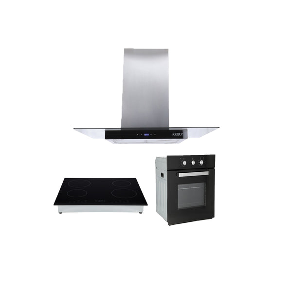 Campana extractora de isla cristal templado recto Fordex + Parrilla de inducción magnética Kepler + Horno de gas encendido eléctrico empotrable 60cm Motrix