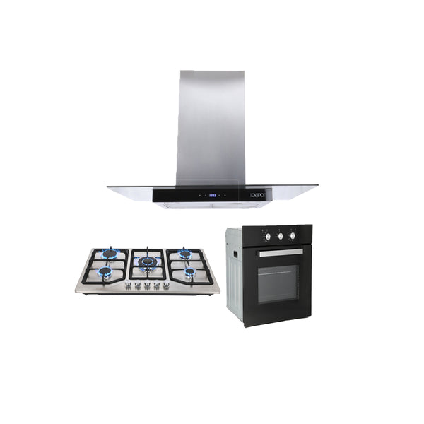 Campana extractora de isla cristal templado recto Fordex + Parrilla acero inoxidable 86cm Vesta + Horno de gas encendido eléctrico empotrable 60cm Motrix