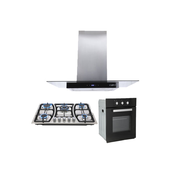 Campana extractora de isla cristal templado recto Fordex + Parrilla acero inoxidable 76cm Vignus + Horno de gas encendido eléctrico empotrable 60cm Motrix