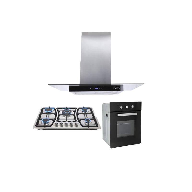 Campana extractora de isla cristal templado recto Fordex + Parrilla acero inoxidable 76cm Vignus + Horno de gas encendido eléctrico empotrable 60cm Motrix