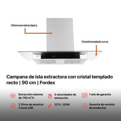 Campana de cocina de isla digital cristal recto 90cm Fordex + Parrilla de gas 5 quemadores cristal 86cm Ceres + Horno de gas empotrable encendido electrico 65L 60cm Motrix
