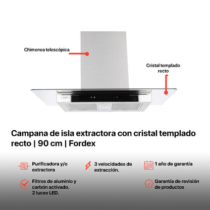 Campana de cocina de isla digital cristal recto 90cm Fordex + Parrilla de gas 5 quemadores acero inoxidable 86cm Vesta