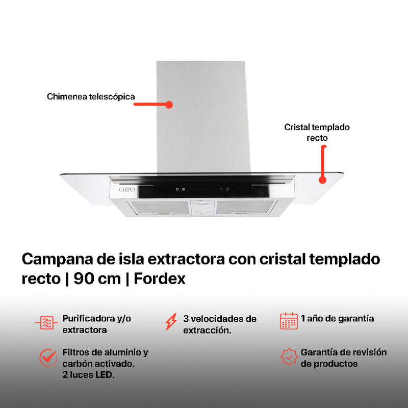 Campana extractora de isla cristal templado recto Fordex + Parrilla cristal templado 86cm Ceres + Horno de gas encendido eléctrico empotrable 60cm Motrix