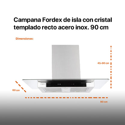 Campana de cocina de isla digital cristal recto 90cm Fordex + Parrilla de gas 5 quemadores cristal 86cm Ceres + Horno de gas empotrable encendido electrico 65L 60cm Motrix